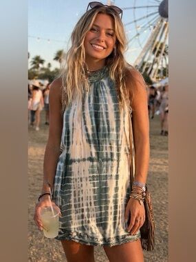 STARK X Small Green White Tie Dye Ruffle Halter Pockets Mini Dress Orig $230